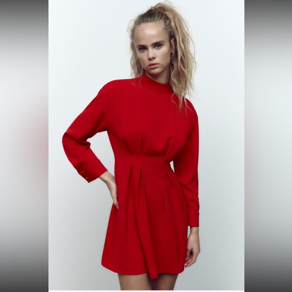 Zara Red Pleated Mini Dress - Picture 2 of 10